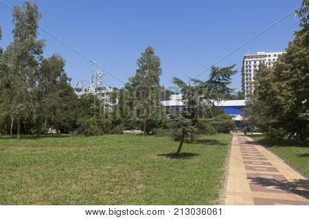 Adler, Sochi, Krasnodar region, Russia - July 17, 2016: Footpath in the park leading to Sochi aquarium Adler