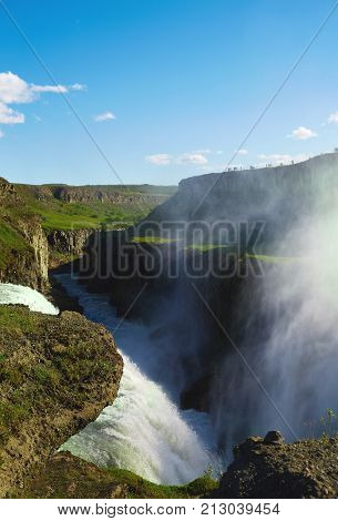 famous Gullfoss waterfall in southern Iceland. treking in Iceland. Travel and landscape photography concept