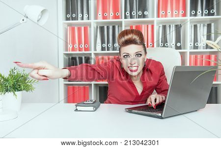 Angry Business Woman Boss Pointing Out. Dismissal Concept