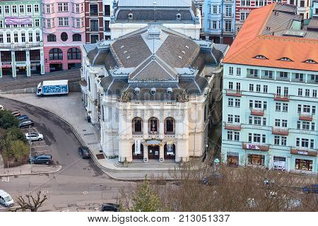 Karlovy Vary, Czech Republic - February 24, 2017: Karlovy Vary, aerial panoramic famous spa town view with theater house
