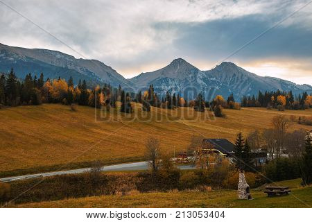 Autumn panorama of Belianske Tatra Mountains which is a part of High Tatras as seen from the small village of Zdiar, Slovakia.