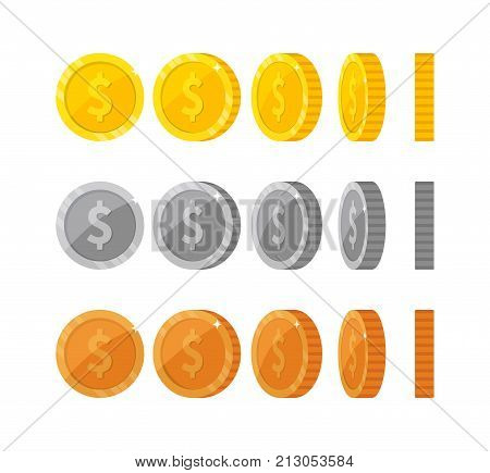 Flat vector coins with dollar symbol icons at different angles for animation. Coin spin for games and app