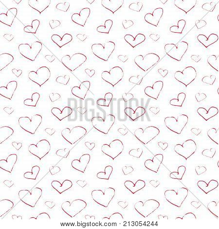Vector endless seamless romantic pattern of ink red hearts hand painted on a white background. For decoration and design wrappers paper fabric textile Valentine's day in a romantic gentle style.