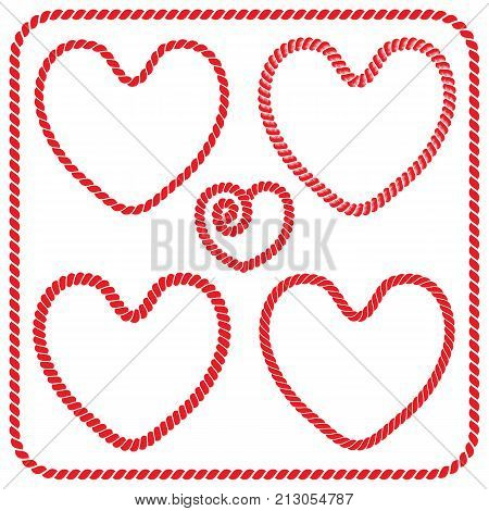 Vector set of twisted rope frames and square frames heart shaped. Collection of romantic frames of red color for decoration and design of post cards for St. Valentine's day wedding and holiday invitations