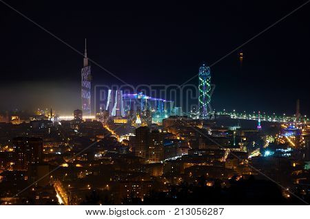 Beautiful Aerial View Of Urban Cityscape At Night. Batumi, Georgia.