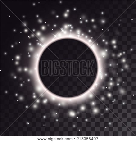 Black hole light effect. Transparent circle with ring of white glow and shiny particles.