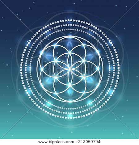 Vector Glowing Flower of Life Symbol on Starry Background Illustration