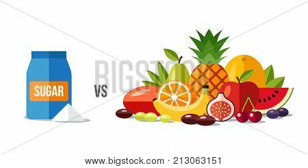 Vector illustration of sugar vs. fruits. Healthy eating concept. Flat style.