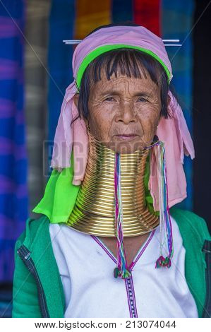 KAYAN STATE MYANMAR - SEP 09 : Portrait of Kayan tribe woman in Kayan state Myanmar on September 09 2017 Kayan tribe woman are well known for wearing neck rings.