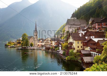 Scenic View Of Hallstatt Lakeside Town In The Austrian Alps In Beautiful Evening Light On Beautiful