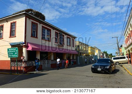 FALMOUTH, JAMAICA - DEC 29, 2014: Falmouth Market Street is located at historic downtown in Falmouth, Jamaica.