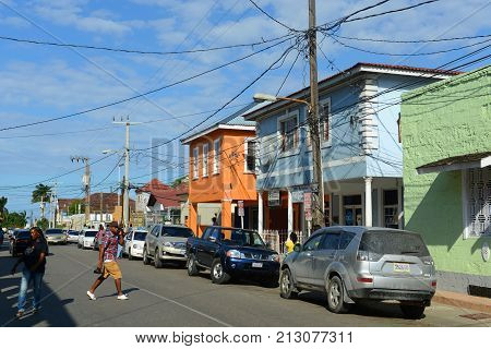 FALMOUTH, JAMAICA - DEC 29, 2014: Falmouth Market Street is located at historic downtown in Falmouth, Jamaica.
