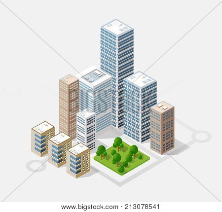 Neighborhood 3d isometric three-dimensional view of the city. Collection of houses, skyscrapers, buildings and supermarkets. The stock vector