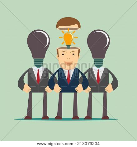 Leadership concept with crowd of businesspeople with lightbulb in the head. Open head. Business idea start up concept. Stock flat vector illustration.