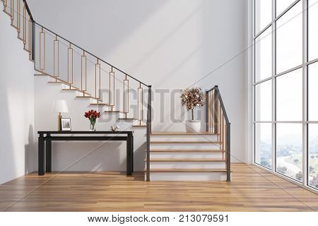 White Living Room, Stairs, Table