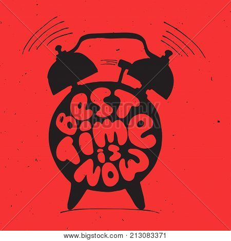 ringing alarm clock with light texture and lettering about best time is now. Time vector Concept illustration. Present moment concept letters with alarm isolated on red background