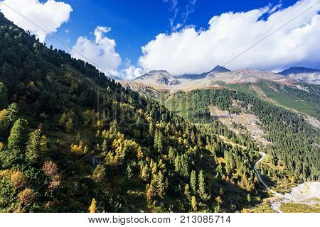 Mountains and peaks landscape. Stubaier Gletscher covered with glaciers and snow natural environment. Hiking in the Stubai Alps. Ski resort in Tirol Austria Europe