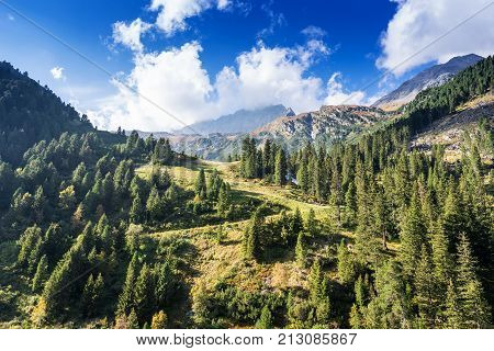 Mountains and peaks landscape. Stubaier Gletscher covered with glaciers and snow natural environment. Hiking in the Stubai Alps. Ski resort in Tirol Austria Europe
