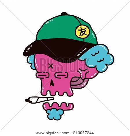 Dope skull in a cap smoke marijuana blunt. Vector modern style illustration. Dope print design for t-shirt