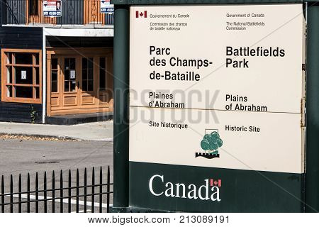Quebec City, Canada 19.09.2017 Entrance Sign Champs-de-Bataille National Battlefields Park in Old Quebec City in summer editorial