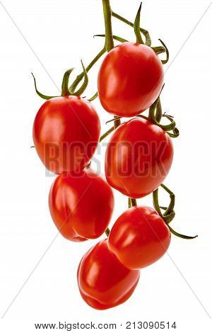 Ripe Fresh Cherry Tomatoes On Branch, Isolated On White Background