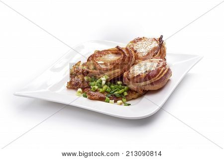 Pork Fillet Wrapped In Bacon, Isolated On White Background