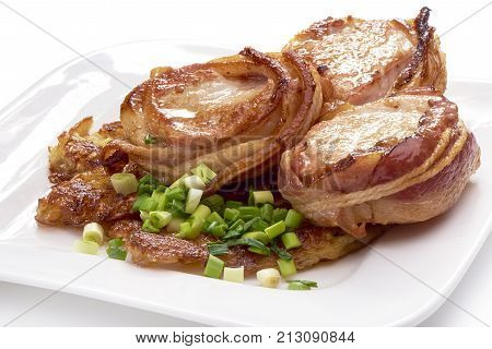 Pork Fillet Wrapped In Bacon, Isolated On White Background