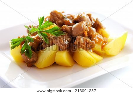 Goulash, Beef Stew With Potatoes, Isolated On White Background.