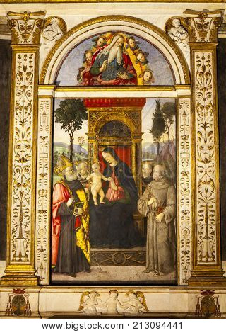 ROME, ITALY. February 24. 2015: Maria immaculate conception with saints. Carlo Maratta, painter of the seventeenth century. In the chapel Cybo, church of Santa Maria del Popolo in Rome, Italy.