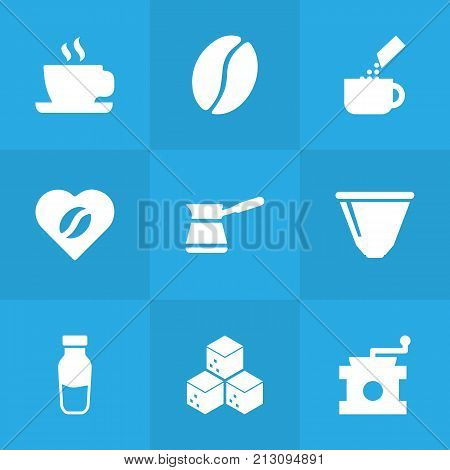 Collection Of Saucer, Heart, Ibrik And Other Elements.  Set Of 9 Coffee Icons Set.