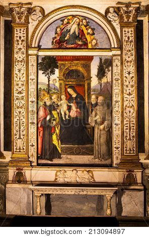 ROME, ITALY. February 24. 2015: Maria immaculate conception with saints. Carlo Maratta, painter of the seventeenth century. In the chapel Cybo, church of Santa Maria del Popolo in Rome, Italy.