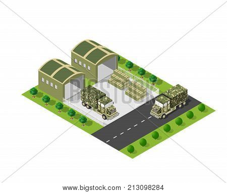 A military truck army vehicle transport in camouflage color disguise. Isometric stock picture truck vector