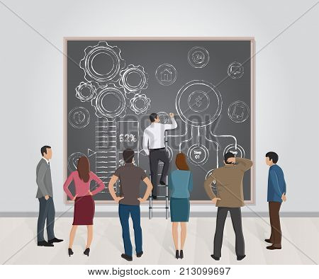 Businessman drawing on the wall drawings and diagrams and a group of people watching the process