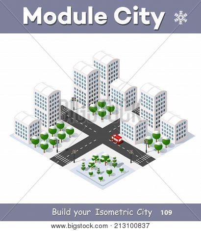 New Year Christmas 3d house in the winter forest. Isometric city building in the region landscape. Three-dimensional urban neighborhood with streets and houses. Seasonal nature scenery stock vector