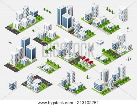 Isometric set 3D city three-dimensional summer town quarter. Skyscrapers apartment office houses and streets with urban traffic movement of the car with trees and nature