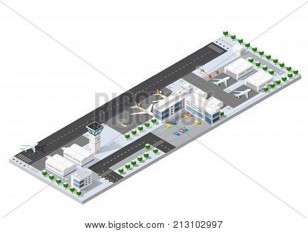 Isometric 3D airstrip of the city international airport terminal and the plane transportation and airplane runway aircraft jet. Urban transport and building construction. Roads trees and paths.