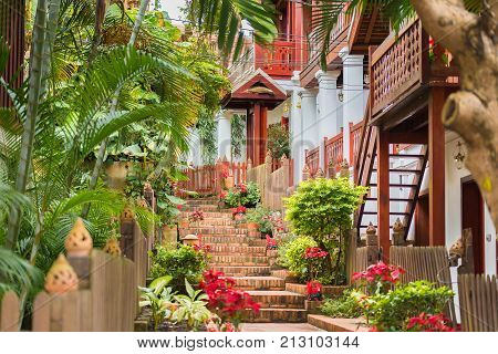 View Of The City Street In Louangphabang, Laos. Vertical. Close-up.