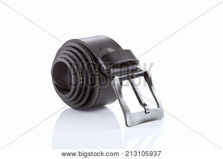 Dark brown leather belt a nice men accessory isolated on white background