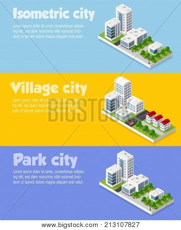 Modern 3D city isometric three-dimensional infographic option banner with colorful isometric city for the business conceptual graphs and diagrams including skyscrapers homes and stores with streets