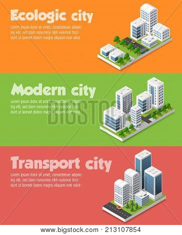 Modern 3D city isometric three-dimensional infographic option banner with colorful isometric city for the business conceptual graphs and diagrams including skyscrapers homes and stores with streets