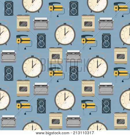 Retro vintage household appliances vector seamless pattern background. Kitchenware antique technology utensil symbols. Housework electric equipment domestic tools.