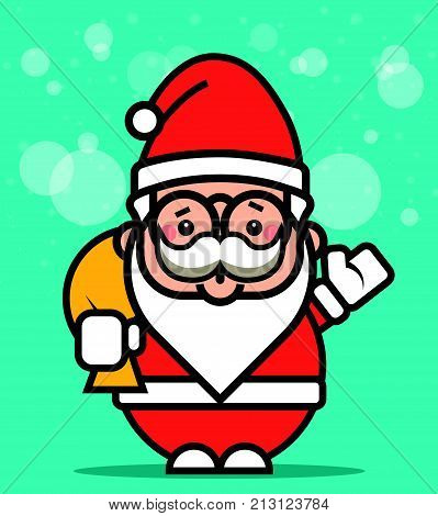 Cartoon cute Santa Claus carrying a gift and wish you Merry Christmas, vector character mascot illustration