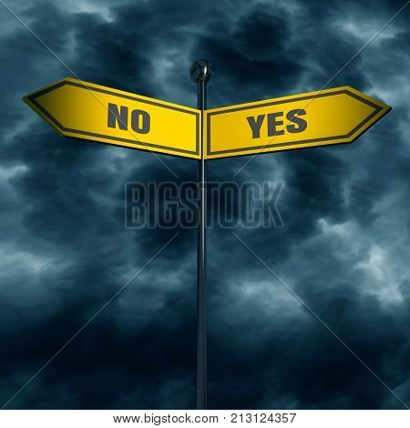 3d rendering of road signs with YES and NO text pointing in opposite directions