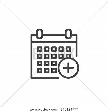 Calendar add line icon, outline vector sign, linear style pictogram isolated on white. Holiday event planner with plus symbol, logo illustration. Editable stroke