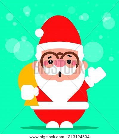 Cartoon cute Santa Claus carrying a bag of christmas present and waving hand. Flat vector character mascot illustration. Moonlight blue background.