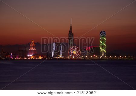 Beautiful Aerial View Of Urban Cityscape At Night. Batumi, Georgia.