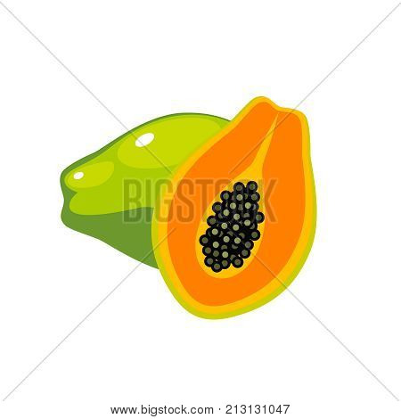 Summer fruits for healthy lifestyle. Papaya, whole fruit and half. Vector illustration cartoon flat icon isolated on white.