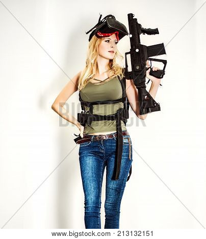 Beautiful Blond Girl Model With Headset Of Virtual Reality And G