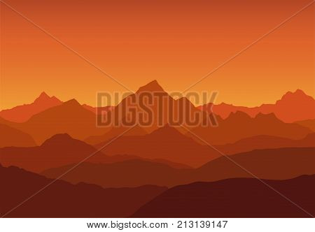 panoramic view of the mountain landscape with fog in the valley below with the alpenglow orange sky - vector