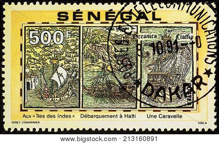 Moscow Russia - November 10 2017: A stamp printed in Senegal shows Details of Columbus's voyages series 